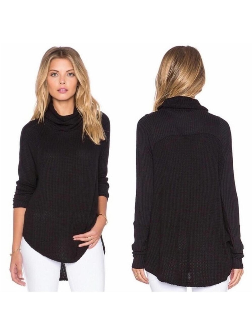 Free People Thermal Sweater Kristina Drippy Cowl Long Sleeve in Black Size Large